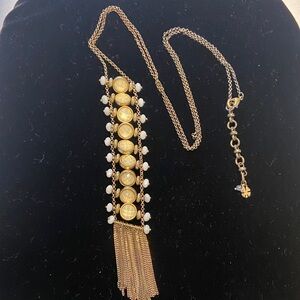 Lucky Brand Gold Tassel Statement Necklace Glass Stone Boho Long Pendant